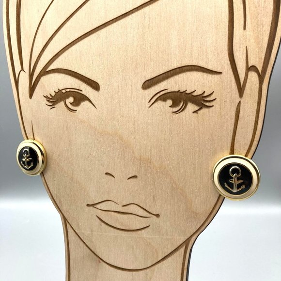 Vintage Enamel Anchor Earrings, Gold Tone Circles with Navy Blue and Cream Studs - Picture 4 of 5